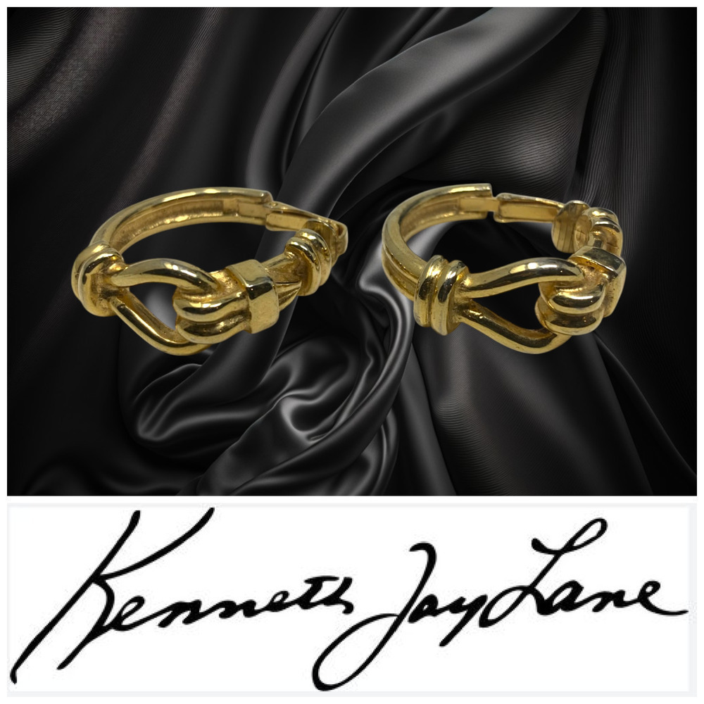Vintage 1980's Kenneth Jay Lane Knot Hoop Gold Tone Leverback Earrings Modernist